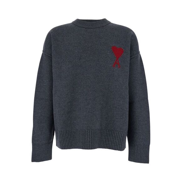 Ami Paris Men Grey Crewneck Sweater With Adc Embroidery On The Front In Wool Man
